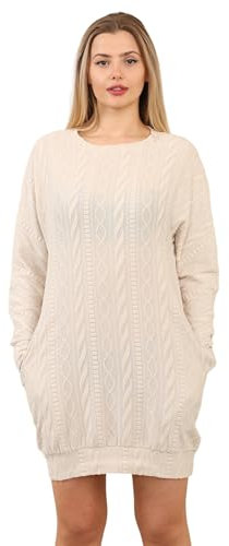 INSAFIANS Women's Cable Knit Jumper Dress Elegant Look Bodycon Sweater Tunic Tops Pullover Mini Dress with Side Pockets (Cream XS)