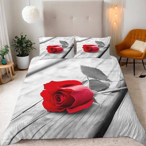 Générique Bedding Housse de Couette 155x220 Microfibre 3D Mode Fleur de Rose Rouge Motif Confort Parure de Lit Set + 2 Taies d'oreiller 50x75 cm Literie avec Fermeture éclair Sangles d'angle Fixes