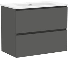 Baikal Mueble de Baño Klay. Mueble MONTADO. 2 Cajones Suspendido con Lavabo. Armario de Baño. Lavabo Ceramico. 80cm Gris Oscuro.