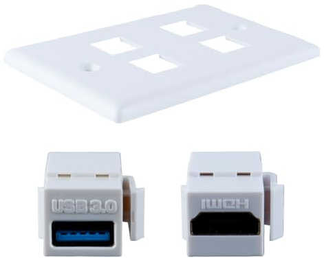 Ausi Placa de pared Keystone con 2 puertos HDMI y USB, conector HDMI hembra a hembra, montaje con hebilla, cargador USB con tapa, embalaje reutilizable.