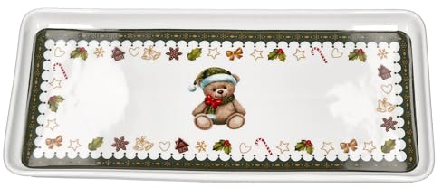 MamboCat Friend Kuchenplatte rechteckig 35x15,5 cm | Weihnachts-Platte aus Porzellan mit Teddybär, Lebkuchenhaus & Co. | für Weihnachten, Nikolaus, Advent, Christmas