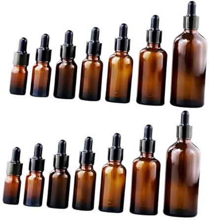 VICASKY 14Pcs Brown Glass Liquid Bottles with Droppers Medicinal Refillable Bottles for Essential Oils DIY Blends Travel Multiple