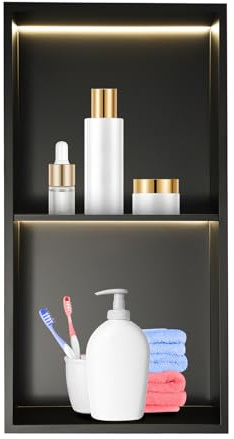 TouTToNG Niche de douche murale en acier inoxydable - Étagère intégrée à 2/3 étages avec lumière LED/RVB - Rangement pour rangement dans la salle de bain, le salon, le balcon - Noir (lumière LED, 30 x