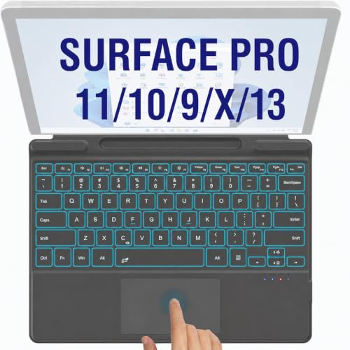 Surface Pro 11/10/9/8/X/13 Teclado con trackpad - Cubierta inalámbrica tipo Bluetooth, teclas retroiluminadas de 7 colores, diseño magnético ultra delgado, recargable USB-C con soporte para bolígrafo