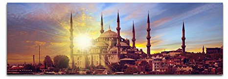Paul Sinus Art Panoramabild auf Leinwand und Keilrahmen 150x50cm Istanbul Moschee Sonnenuntergang Wasser
