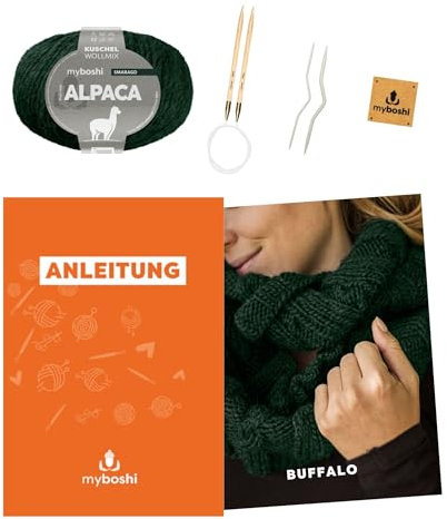 myboshi Strickset Schlauchschal Buffalo, inkl. Alpaca Wolle, Nadel und Anleitung, für Oberbekleidung, Strickpaket, 10% Alpaka, 25% Schurwolle Grün mit Rundstricknadel