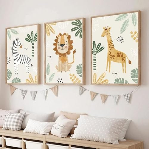 3 Affiche Animaux de la Jungle Poster Boheme Vert Tableau Safari Enfant 50x70 Affiche Animaux Savane Chambre Bebe Lion Girafe Zèbre Poster Toile Decoration Murale Garcon Cadeau NPTWC005-XL