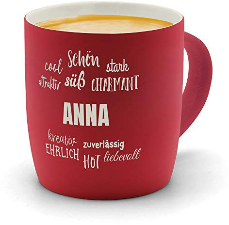 printplanet - Kaffeebecher mit Namen Anna graviert - SoftTouch Tasse mit Gravur Design Positive Eigenschaften - Matt-gummierte Oberfläche - Farbe Rot