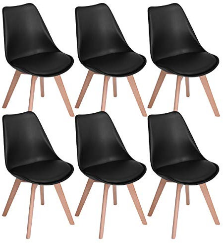 EGGREE 6er Set Esszimmerstühle mit Massivholz Buche Bein SGS Geprüfter, Retro Design Gepolsterter Stuhl Küchenstuhl Holz, Schwarz