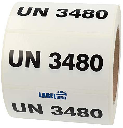 Gefahrgutaufkleber 100 x 50 mm - Gefahrgutetiketten UN 3480-1.000 Gefahrstoffetiketten auf 1 Rolle(n), 40 mm Kern, Polyethylen weiß-schwarz