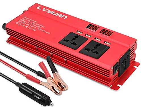 Cantonape Invertitore di Potenza 1000W 2000W Trasformatore di Tensione Convertitore DC 12V in AC 230V con 3x Presa di Corrente Universale - 4x USB per Auto/Camper/iPhone/iPad/Kindle