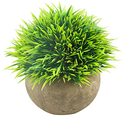 Svenee Künstliche Mini-Pflanzen, Kunststoff, grünes Gras, künstliches Grün, Formschnittsträucher mit grauen Töpfen für Badezimmer, Zuhause, Büro, Haus-Dekorationen (Grün-A, 1)