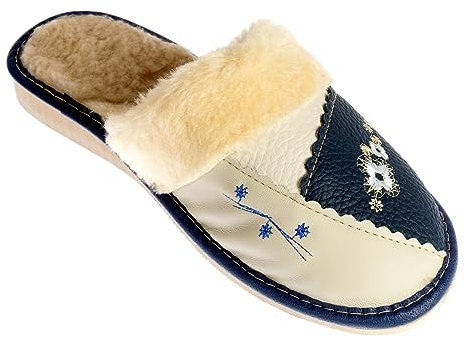 APREGGIO - Pantofole Invernali da Donna in Pelle Isolate con Lana e Acrilico - Ciabatte Donna Casa su Zeppa Leggera - Pantofole slip-on - Pantofole leggere e calde - Bianco e blu navy - Taglia 38 EU