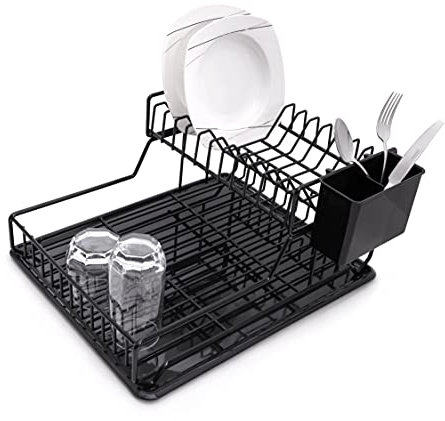 2 Stufiges Abtropfgestell mit Abtropfschale PVC beschichtet und rostfrei - Geschirrabtropfgestell mit Abtropfschale, Besteckhalter, Tellerhalter - Geschirr Abtropfständer Dish Drying Rack