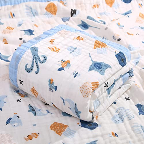 Hivia Musselin Decke 6 Lagig Kuscheldecke Baby Baumwolle 110 x 110 cm Musselin Babydecke Wickeldecke Weiche Decke für Badetuch,Kinderdecke Neugeborene Unisex (Blau Ozean)