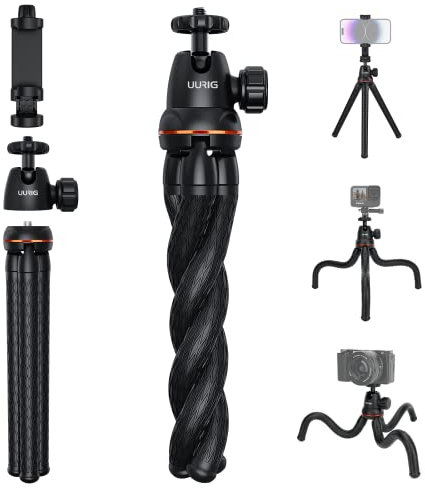 UURig Camera Tripod, Mini Flexible Stand with Hidden Phone Holder w Cold Shoe Mount, 1/4'' Screw for Magic Arm, Universal for iPhone 13 12 Pro Max XS Max X 8 Samsung Canon Nikon Sony Cameras