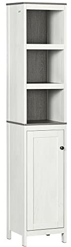 kleankin Tall Bathroom Storage Cabinet, Freestanding Tower Cabinet with 3 Open Shelves and Adjustable Shelf, Antique White