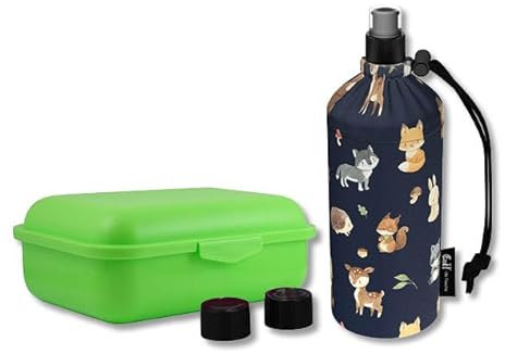Emil Trinkflasche aus Glas inkl. Brotbox & Ersatzverschlüsse – Starterset zur Einschulung - BPA-frei & schadstofffrei, isolierend – Ziehverschluss für Wasser, Saft & Milch – Waldfreunde (0,3l)