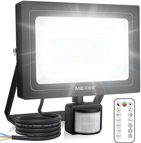 MEIKEE Security Lights with Motion Sensor 60W 3 Working Modes Stepless Brightness 5200 Lumen Adjustable 12m PIR Detection IP66 Waterproof Perfect for Garage Garden Forecourt with Remote Control