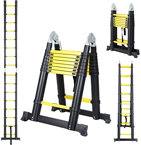 Gimisgu Aluminium Teleskopleiter 5m(2.5m+2.5m) Klappleiter A Typ Ausziehleiter Alu Leiter Tragbare Leiter Mehrzweckleiter 150kg Belastbarkeit Schwarz