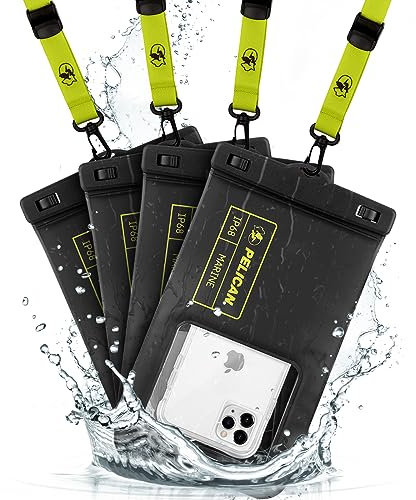 Pelican Marine - IP68 wasserdichte Handytasche/Hülle (Größe XL) Schwimmende wasserdichte Handyhülle für iPhone 14 Pro Max/ 13 Pro Max/ 12 Pro Max/ S23 - Unterwasser Handyhülle 4er Pack-Schwarz/Gelb