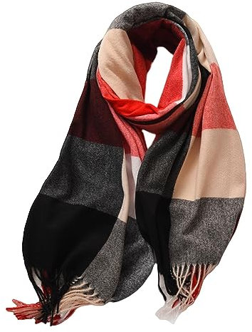 spirgear Schal Damen Winter Kariert Winterschal Weicher Warmer Damenschal Mit Quasten 190 x 68 cm, Schwarz Rot