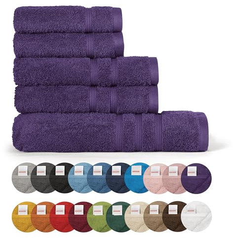 Bassetti Morbido Asciugamano Asciugamani 480 gr 100% Cotone Set da 5 pz (2 da 58x105 cm + 2 da 38x55 cm + 1 da 70X140 cm) - Collezione MONIQUE - VIOLETTO LA