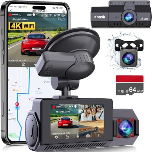 abask Cámara de Coche 4K WiFi GPS, 2.45 Dashcam Coche de 3 Canales con Tarjeta 64G 2160P+1080P+1080P, Sensor G, Grabación en Bucle, Monitor de Aparcamiento, Visión Nocturna IR