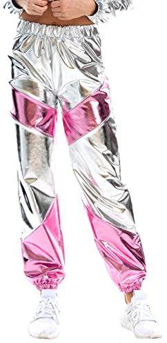 Damen Metallic Hose Glitzer Wetlook Cargohose Sporthose 80er 90er Jahre Kleidung Outfit Hologramm Hip Hop Leggings Jogginghose Sweathose Tanzhosen Party Disco Festival Rave Clubwear Silber Rosa S