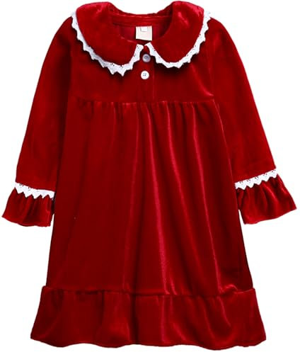Happy Cherry Fille Robe en Velours Volant à Manches Longues Enfants Robe Décontractée Automne Hiver pour Fête de Noël Mariage Anniversaire 3-4 Ans Rouge