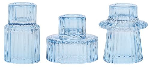 HofferRuffer Lot de 3 bougeoirs en verre pour bougies chauffe-plat coniques, piliers, bougies chauffe-plat, pour centre de table, mariage, anniversaire, cadeaux (bleu)