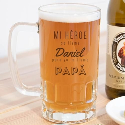 Wanapix | Jarra de Cerveza Personaliza con Nombre | Jarra de Cristal Transparente | 500 ml | Apta Lavavajillas | Papá héroe