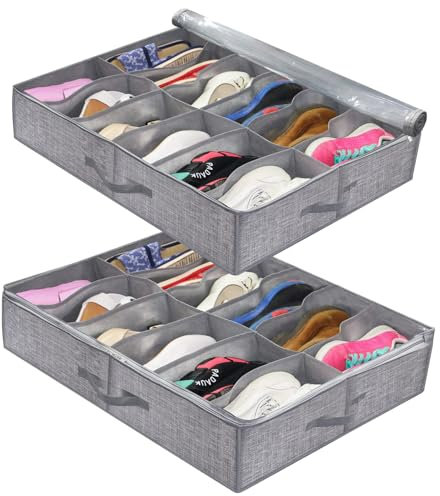 twirush Under Bed Shoe Storage Organiser Set of 2, Fits 24 Pairs Total, Under Bed Shoe Storage Box with Lid, Clear Foldable Fabric Shoe Storage Boxes(Gray)