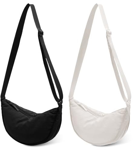 AYNKH Confezione da 2 borse a mezzaluna, in nylon, per ravioli, con tracolla regolabile, impermeabili, leggeri, semplici, unisex, per shopping, viaggi, pendolarismo, Nero e bianco, Taglia unica