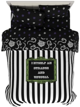 Franco Collectibles Beetlejuice Gestreifte Bettwäsche, 5-teilig, superweich, wendbar, Bettdecken- und Bettlaken-Set, Queen-Size-Bett (offizielles Lizenzprodukt)