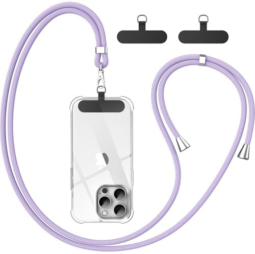 caslord Cordon Telephone Portable, Avec 2 Patchs Noirs Durables, Lanière de Téléphone Portable 1,6m Adjustable, Collier Compatibles avec Tous Les Smartphones et Plupart des Coques-Violet clair