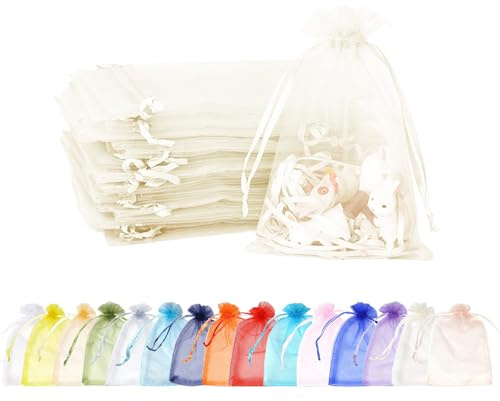 100 Stück Elfenbeinweiß Organzasäckchen ,9x12cm Kleine Geschenkbeutel Organzabeutel Organza Beutelchen mit Kordelzug Sie als Hochzeit Bonbonsbeutel,Schmuckbeutel,Weihnachtsgeschenke,Geburtstag Party