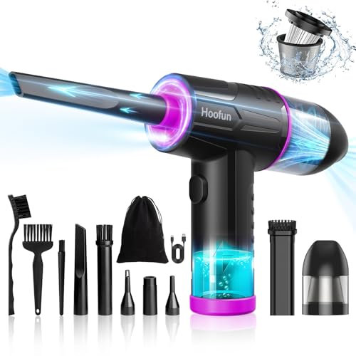 Hoofun Soufflette Air Comprimé et Aspirateur 2 en 1, 100000 Tr/Min Cordless Air Duster, 10Kpa Mini Souffleur Aspirateur avec Lumières LED, 3 Vitesses, Dépoussiérant Pour Nettoyage PC, Voiture, Canap