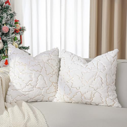 Lewondr Kissenbezug, 45x45CM Satz von 2 Kunstpelz gemütliche weiche Kissenbezug mit Luxus Pailletten Bestickt Weihnachtsbaum Kissenbezug für Bett Home Wohnzimmer, Weiß & Golden