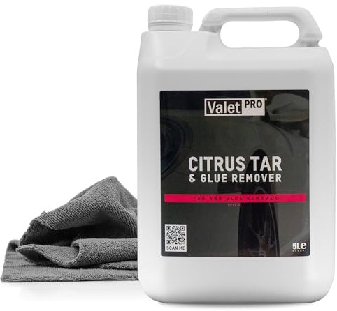 Autolack Klebstoff- & Teerentferner Set | ValetPRO Citrus Tar & Glue Remover 5l + Mikrofasertuch | Entfernt Kleberückstände Teer Baumharz von harten und lackierten Oberflächen am Auto