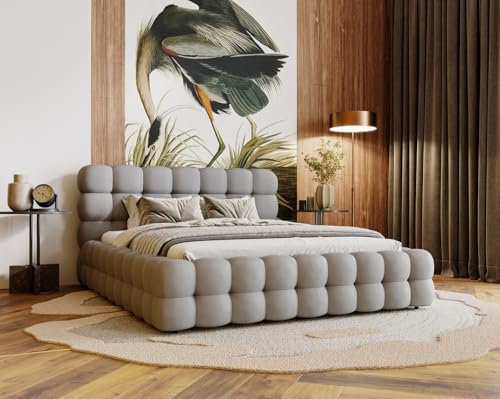 Emporius Doppelbett 180x200 Parlas Bis - Schaumstoff, Design Bett - Polsterbett mit Lattenrost, Kopfteil, Bettkasten - Velvet Stoff (Hellgrau - Amor Velvet 4318)