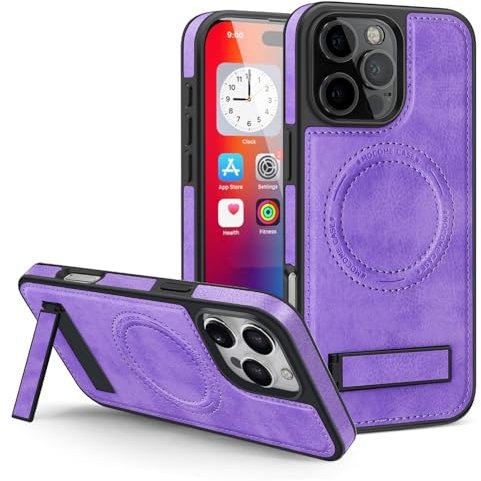 Remterad für iPhone 16 Promax Hülle, Ledertasche, unterstützt kabelloses mag-Safe Laden, Phone Case mit unsichtbarem Ständer, weiche Silikon-Seiten-etui, fallfeste Tasche, Lila.