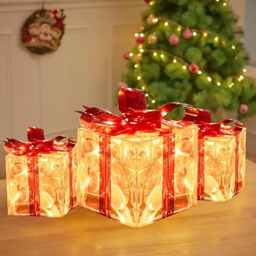 Set of 3 Christmas Lighted Gift Boxes Decorations, Pre-lit Tinsel Present Box, Light Up Xmas Tree Skirt Ornament, Indoor Outdoor Christmas Boxes Present Decorations for Home Holiday Party