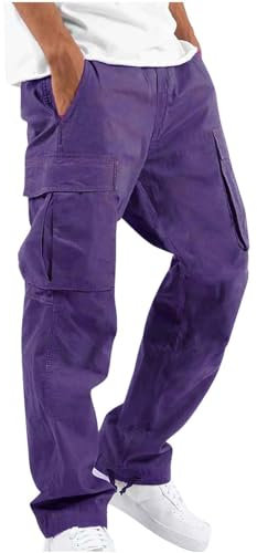 Big Tall Pants Uomo Inverno Street Casual Sport Multi Pocket Up Tinta unita Caldo Peluche Tessuto Cargo Pantaloni Uomo Lavoro, Viola, 3XL