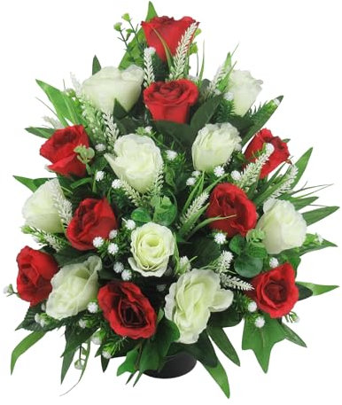 Flat back artificial grave flower arrangement in grave pot/vase 36cm with red and ivory roses – tall front facing – long lasting grave flowers