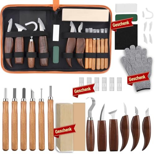 Holz Schnitzwerkzeug Set,Schnitzset mit 12 Schnitzmesser,Schnitzwerkzeug Holz für Kinder&Erwachsene, Schnitzmesser set mit prakt Schnittfeste Handschuhe,Mattiertes Papier und Schleifsteine