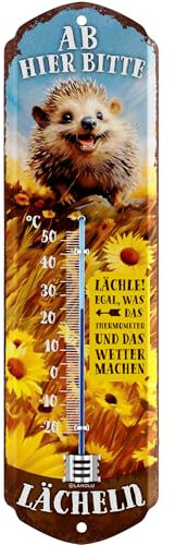 LANOLU Thermometer Ab Hier lächeln, Igel-Deko, Schild Garten außen, Deko Garten Vintage Schilder, Retro Blechschild, Chill Lounge Gartendeko - Wanddeko Garten Schild aus Metall 8x28cm