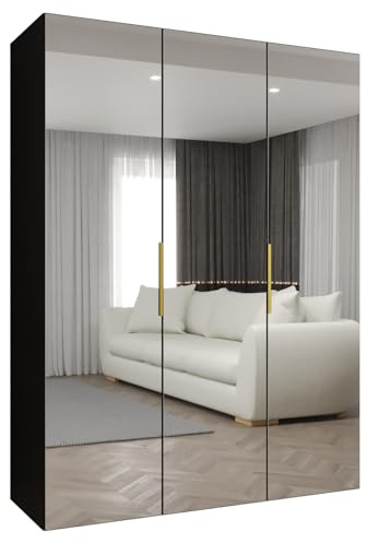 MEBLE KRYSPOL - Kleiderschrank mit Spiegel - Drehtürenschrank - Schrank 150x202x52cm - Garderobenschrank Schlafzimmer, Flur, Jugendzimmer - Farbe Schwarz, Griff Gold - Marbella 3 150