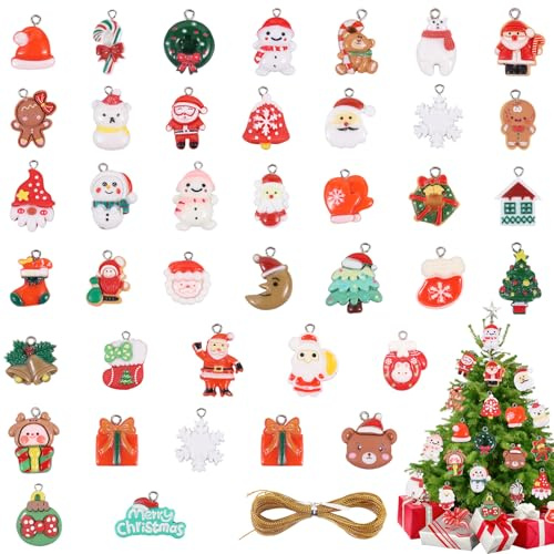40 PCS Mini Christmas Tree Decoration Miniature Ornament with Strings for Xmas Tree Decoration Party Supplies DIY Craft Making, Christmas Resin Ornament Includes Santa Claus, Snowmen, Bells and More