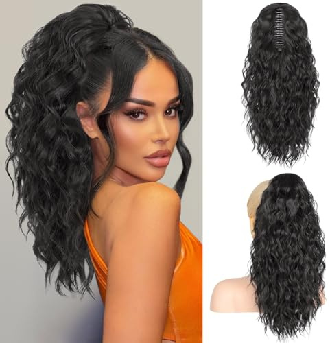 RONTAYA Extension Cheveux Naturel Clip - Postiche Cheveux Naturel Synthétique de, Multi couches duveux épais ondulé en fausses queues de poney cheveux Naturel Synthétique noir 46 cm